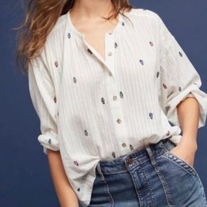 Anthropologie x Akemi + Kin Adela Embroidered Top Womens Small Ivory Button Down